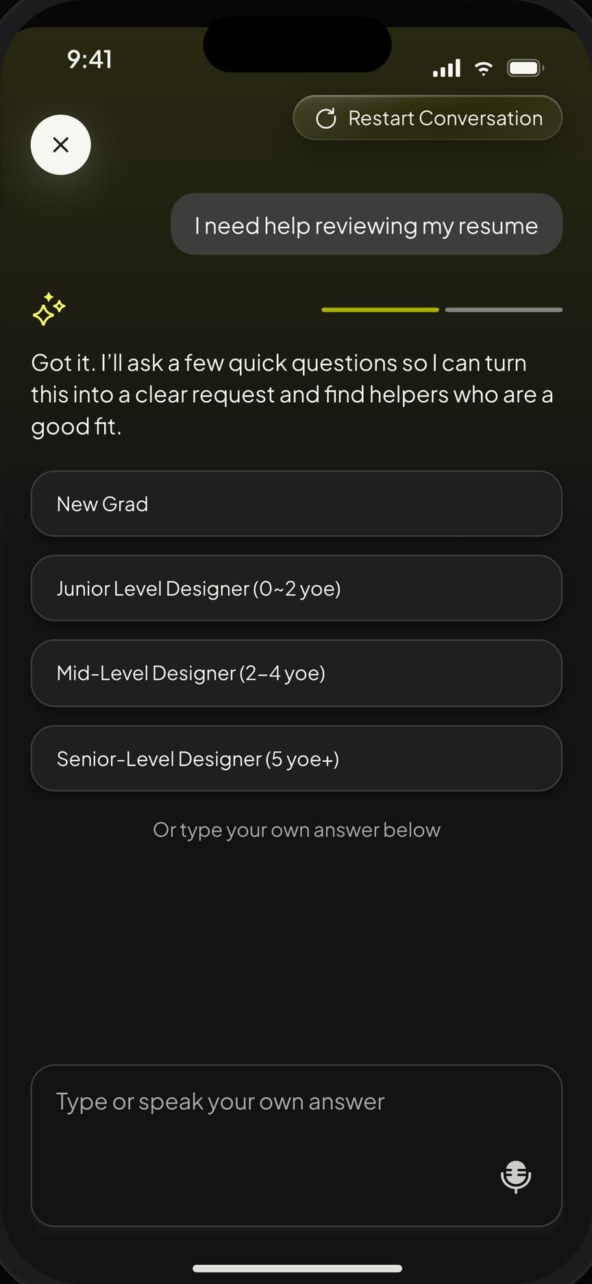 The assistant asks a clarifying question with quick-answer chips