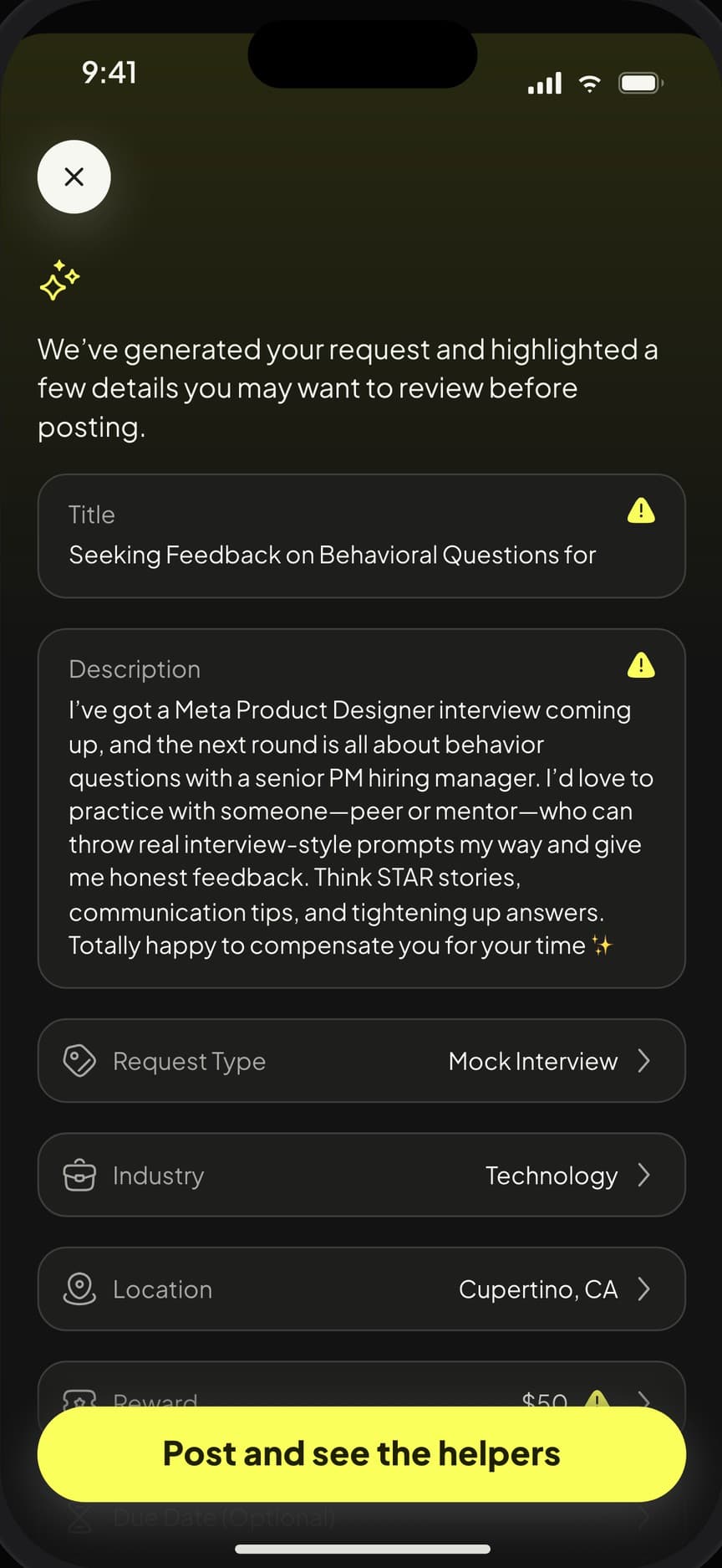 Drafted request: title, description, request type, industry, location, reward