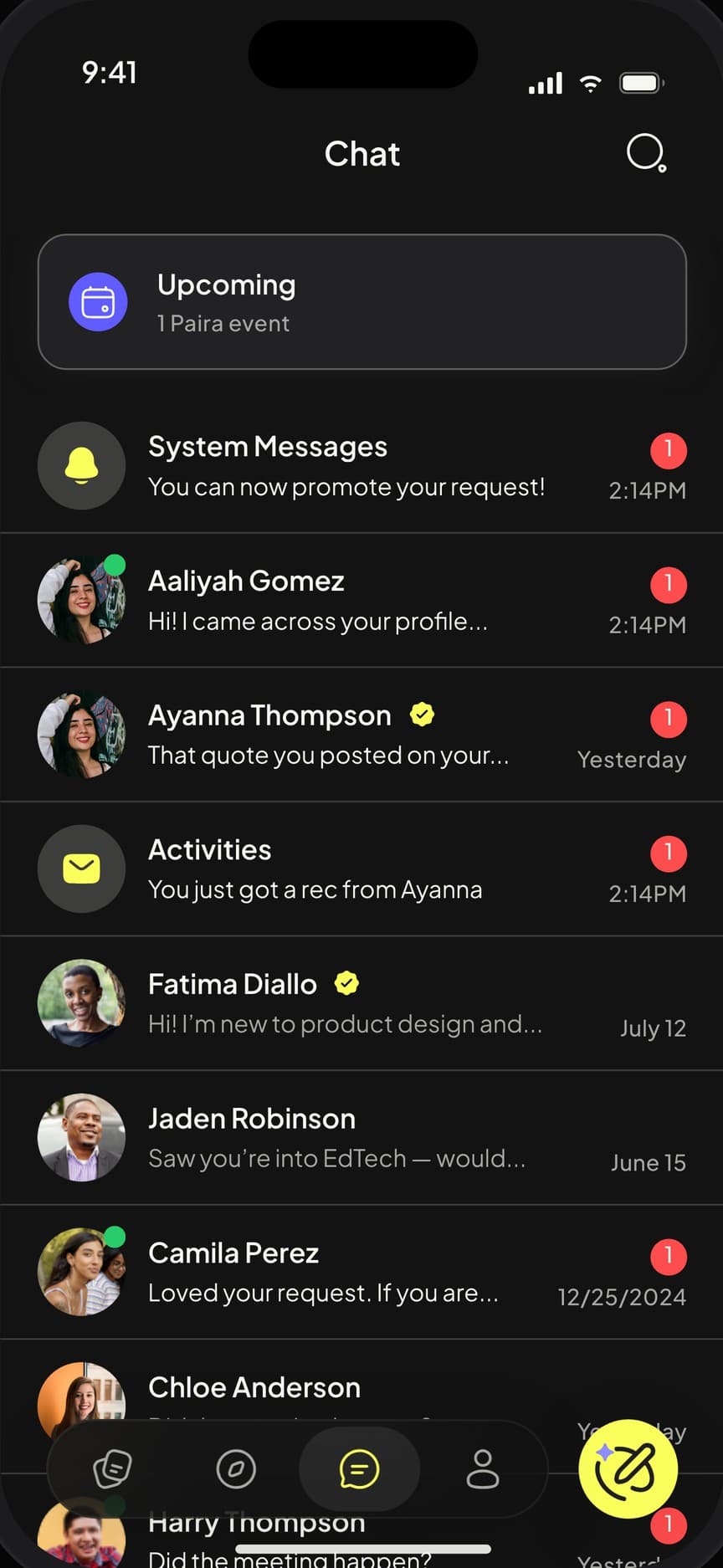 Chat list with upcoming meetings and activities