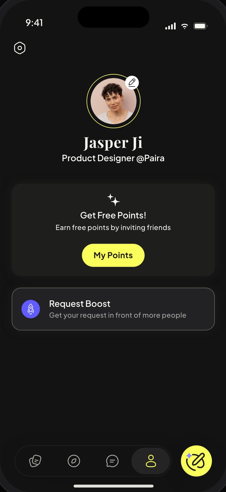Profile with points, boost and recommendations
