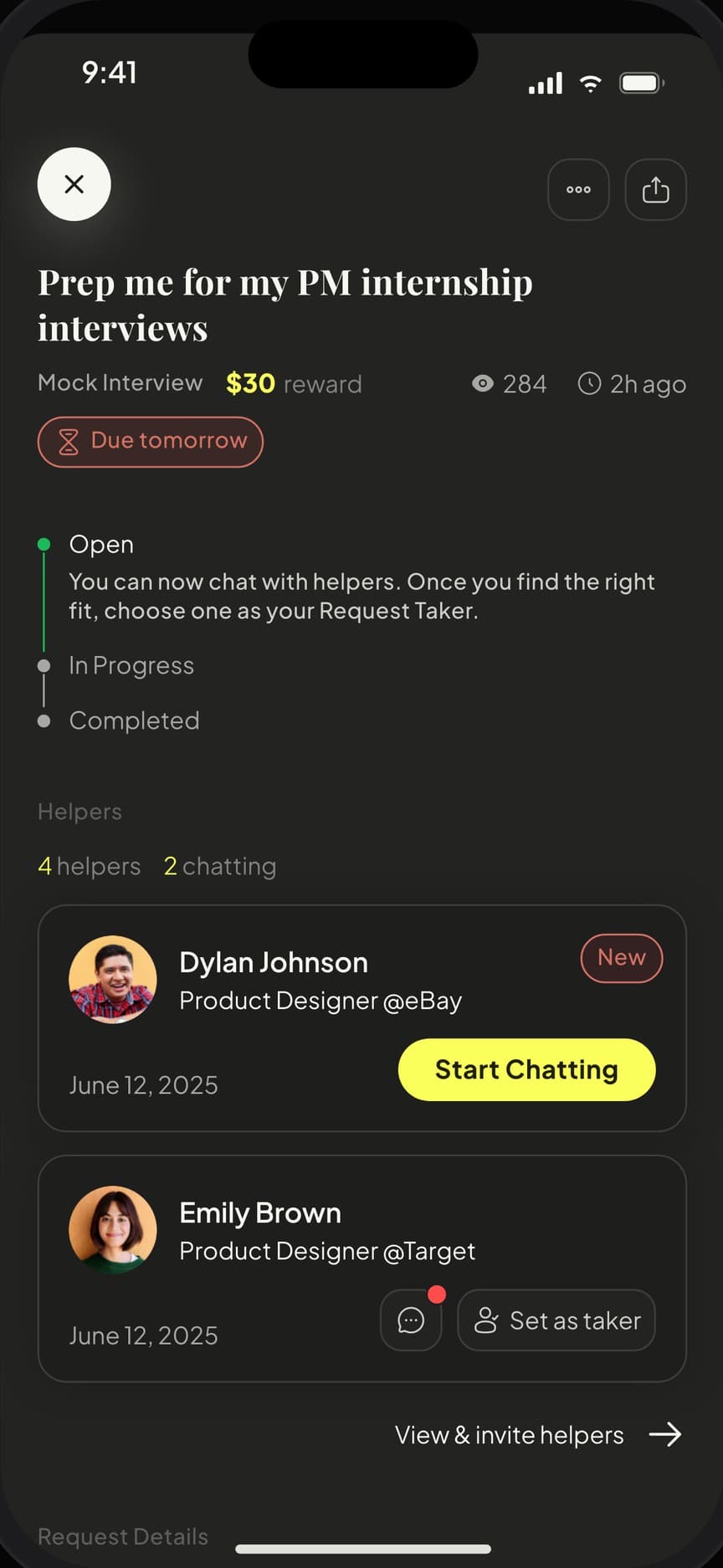Request detail with status timeline and helpers
