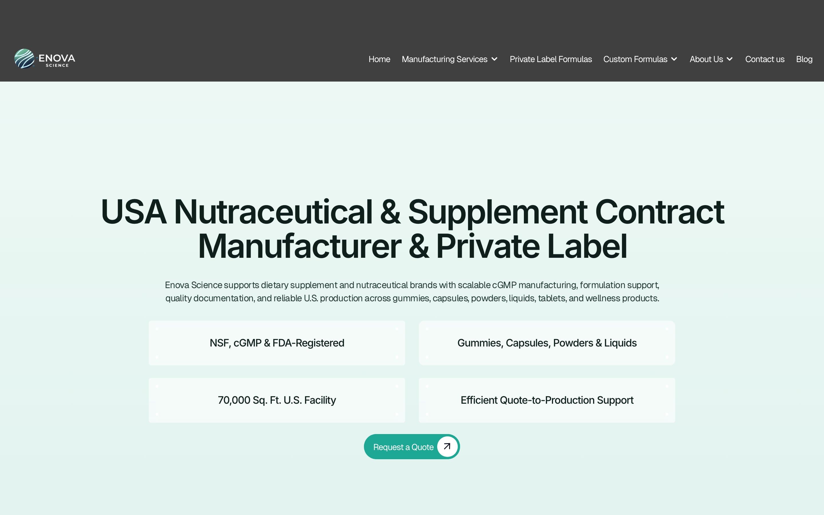 Enova Science homepage: USA nutraceutical & supplement contract manufacturer